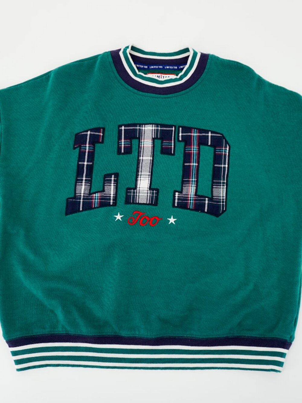 Limited Too Girls L Teal Plaid Embroidered Sweatshirt Oversized Preppy Academia